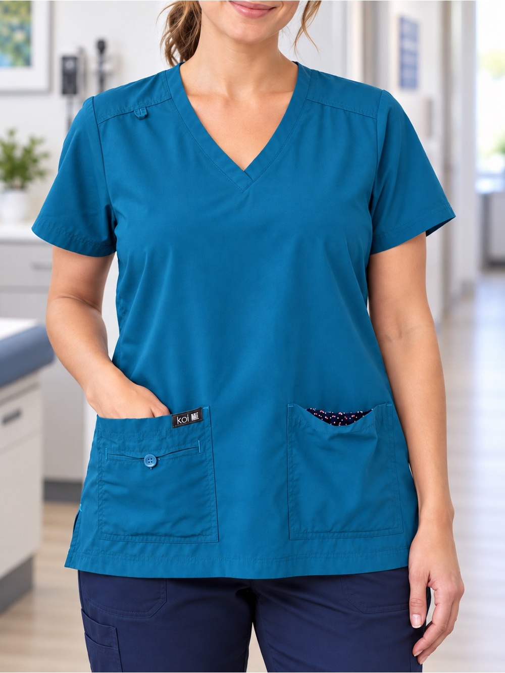 koi Teal Blue V-Neck Short Sleeve Scrub Top